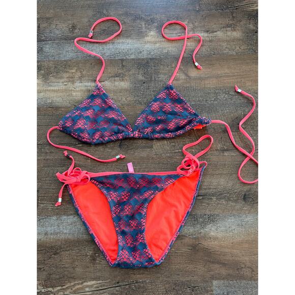 Frenchy Crochet Bikini Set-Triangle top and side tie bottoms (orange/gray) XL - Picture 1 of 7